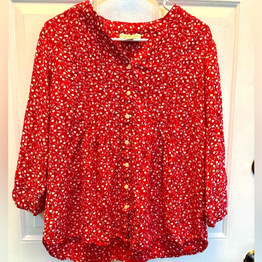 4/$25 Coldwater Creek Red Floral Pleated Blouse LP